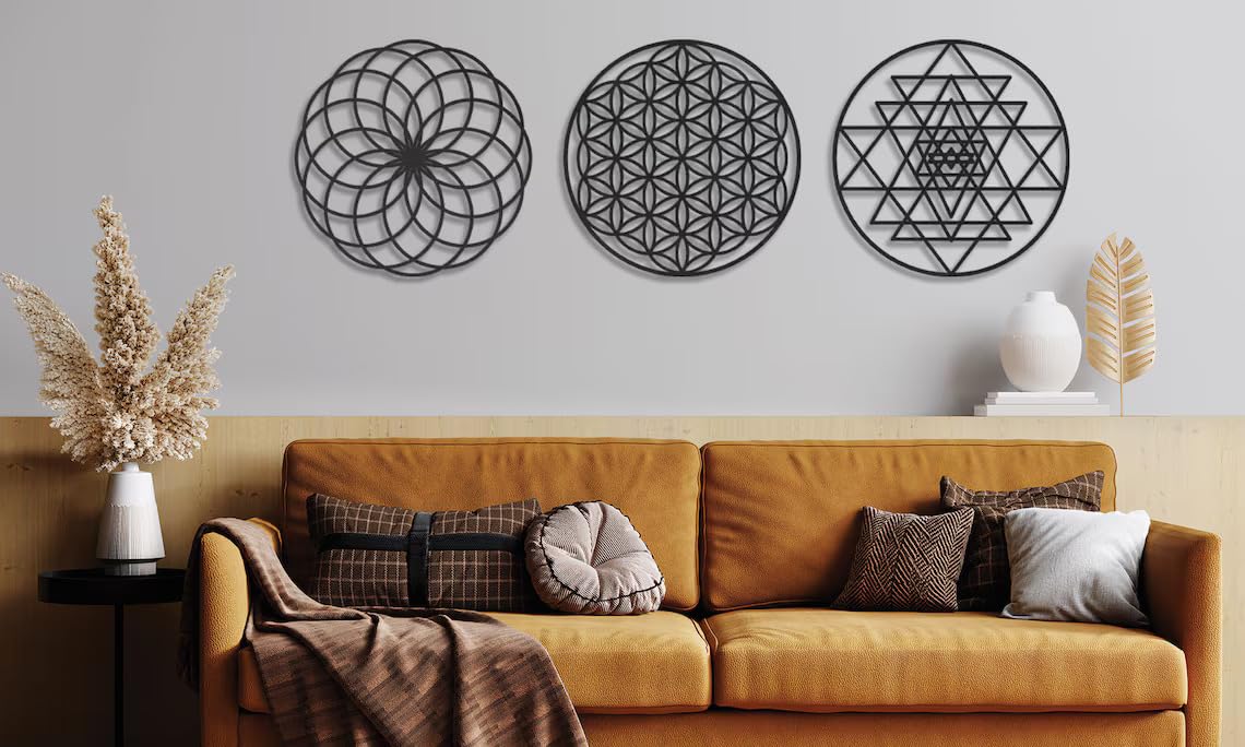 3 Pcs Sacred Geometry Wall Decor - 12 Inch Metal Wall Art Set | Flower of Life